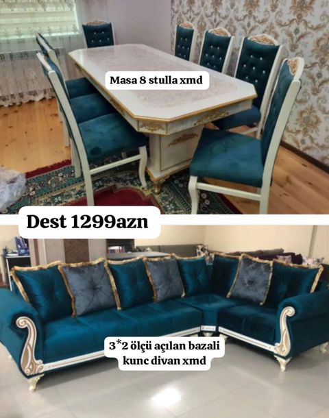 Dest mebel dəsti Tərkibi: - Yemək masası + 8 ədəd stul (klassik