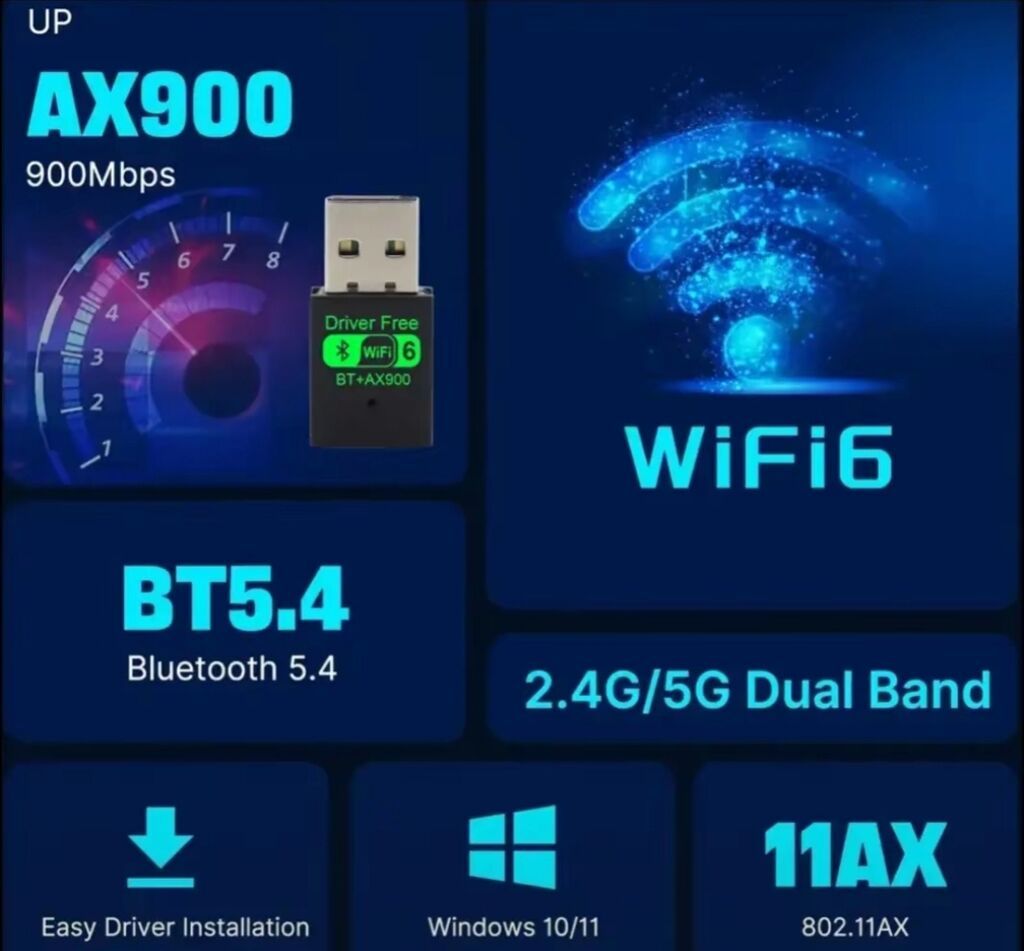 USB Wi‑Fi + Bluetooth Adapter – AX900 + BT5.4 Xüsusiyyətlər: - Wi‑Fi — Elektronika, Sumqayıt (4)