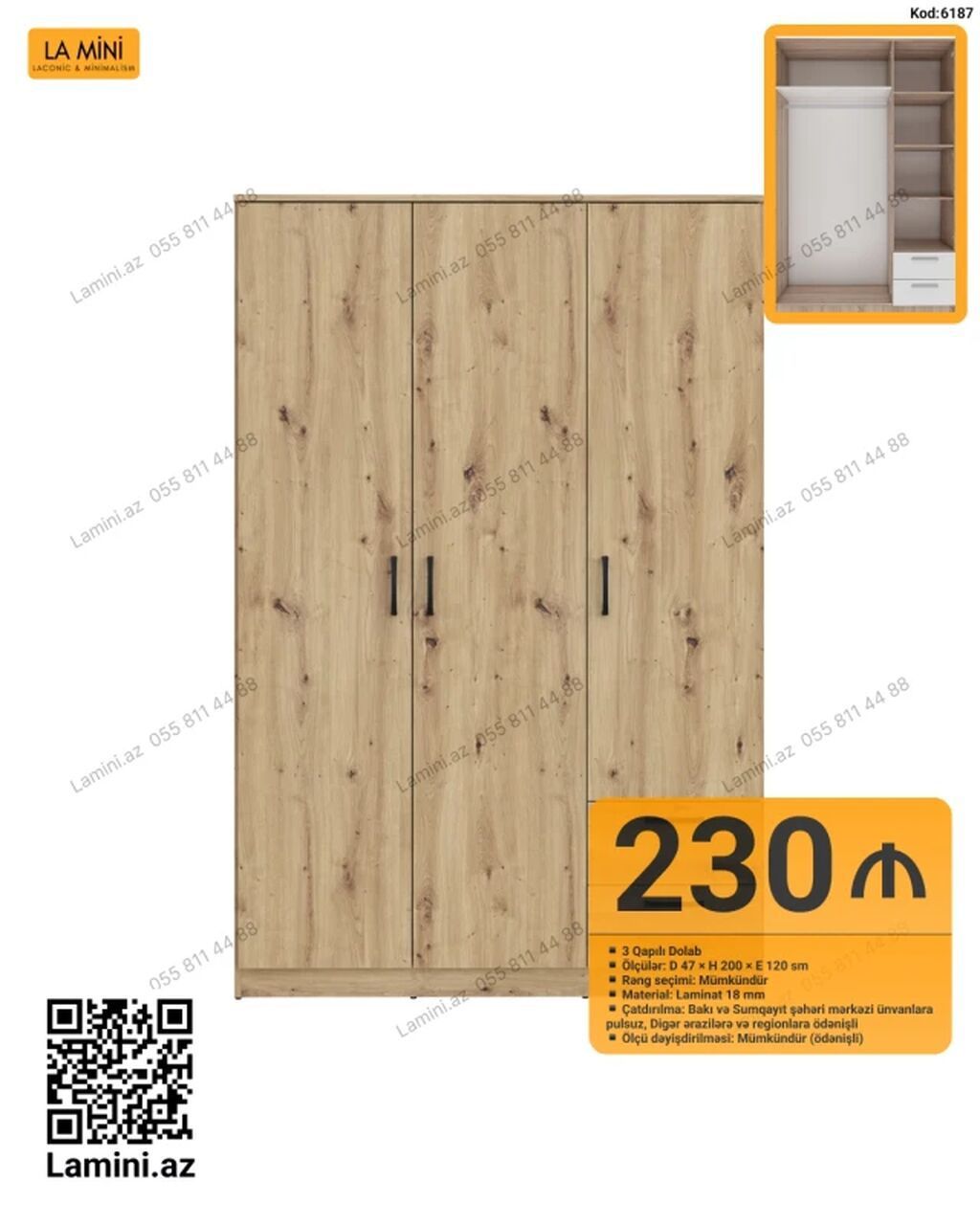 3 qapılı dolab - Ölçülər: D 47 × H 200 × E 120 sm - Material: 18 mm