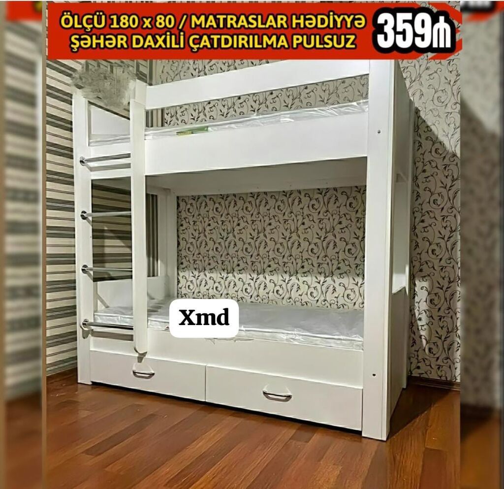 2 mərtəbəli çarpayı, ölçü 180x80 sm, yeni
