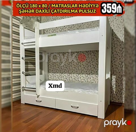 2 mərtəbəli çarpayı, ölçü 180x80 sm, yeni