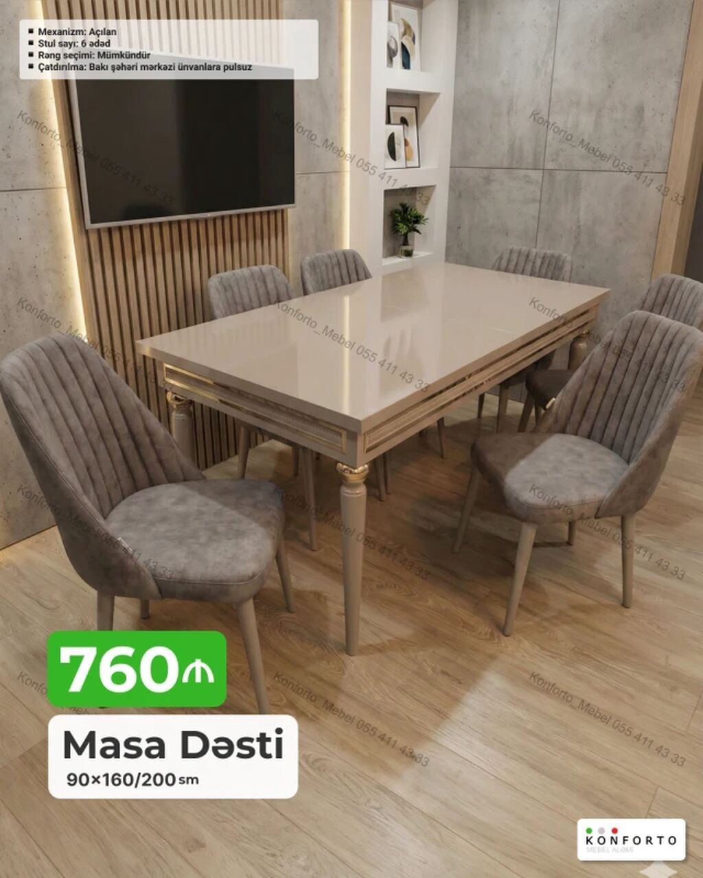 Masa Dəsti – 90×160/200 sm - Mexanizm: açılan (uzadıla bilən) - Stul