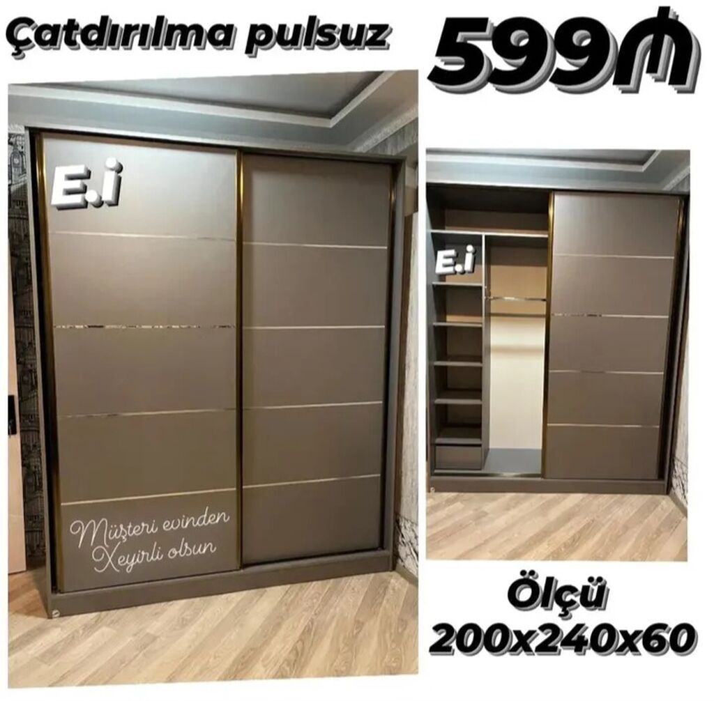 Sürgülü qapılı qarderob - Ölçü: 200 x 240 x 60 sm - Rəng: tünd
