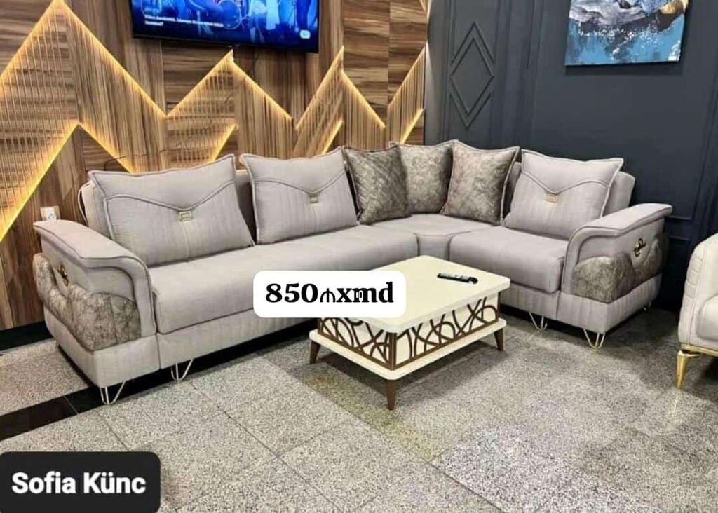 Sofia künc dəsti - Modern dizaynlı L‑şəkilli künc divan - Açıq boz — Divanlər, Bakı