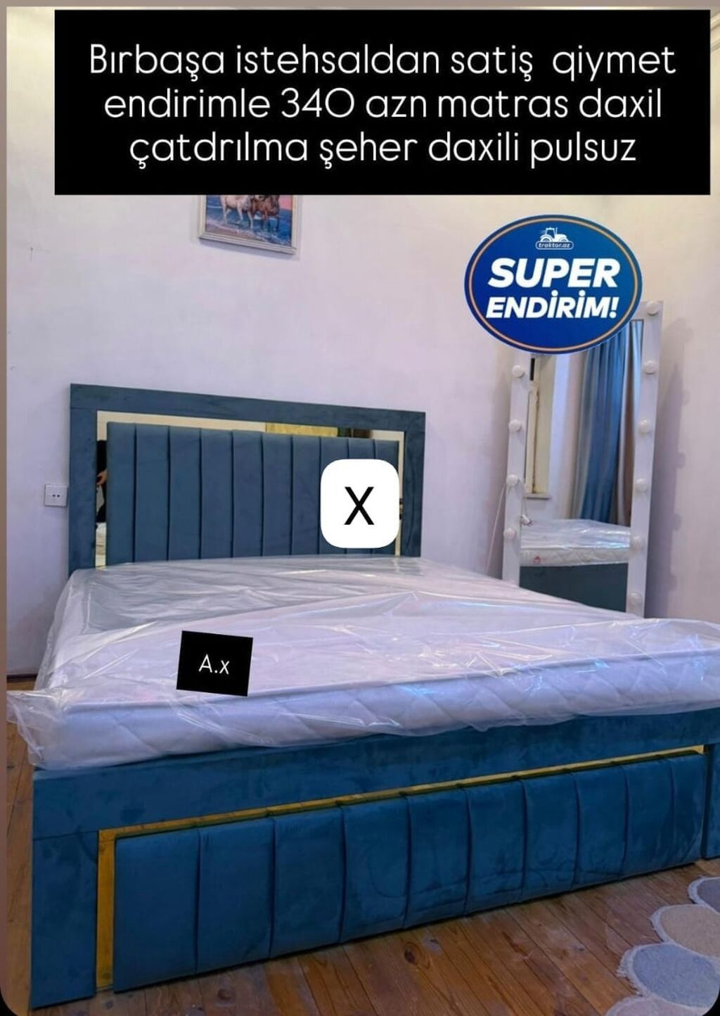 Mavi rəngli yumşaq başlıqlı çarpayı dəsti - Material: məxmərə bənzər — Mebel, Bakı