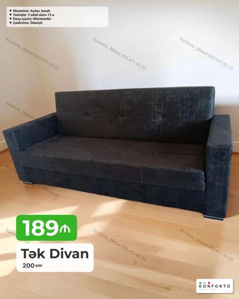 Tək divan – 200 sm - Mexanizm: açılan, bazalı (yataq funksiyalı, altı