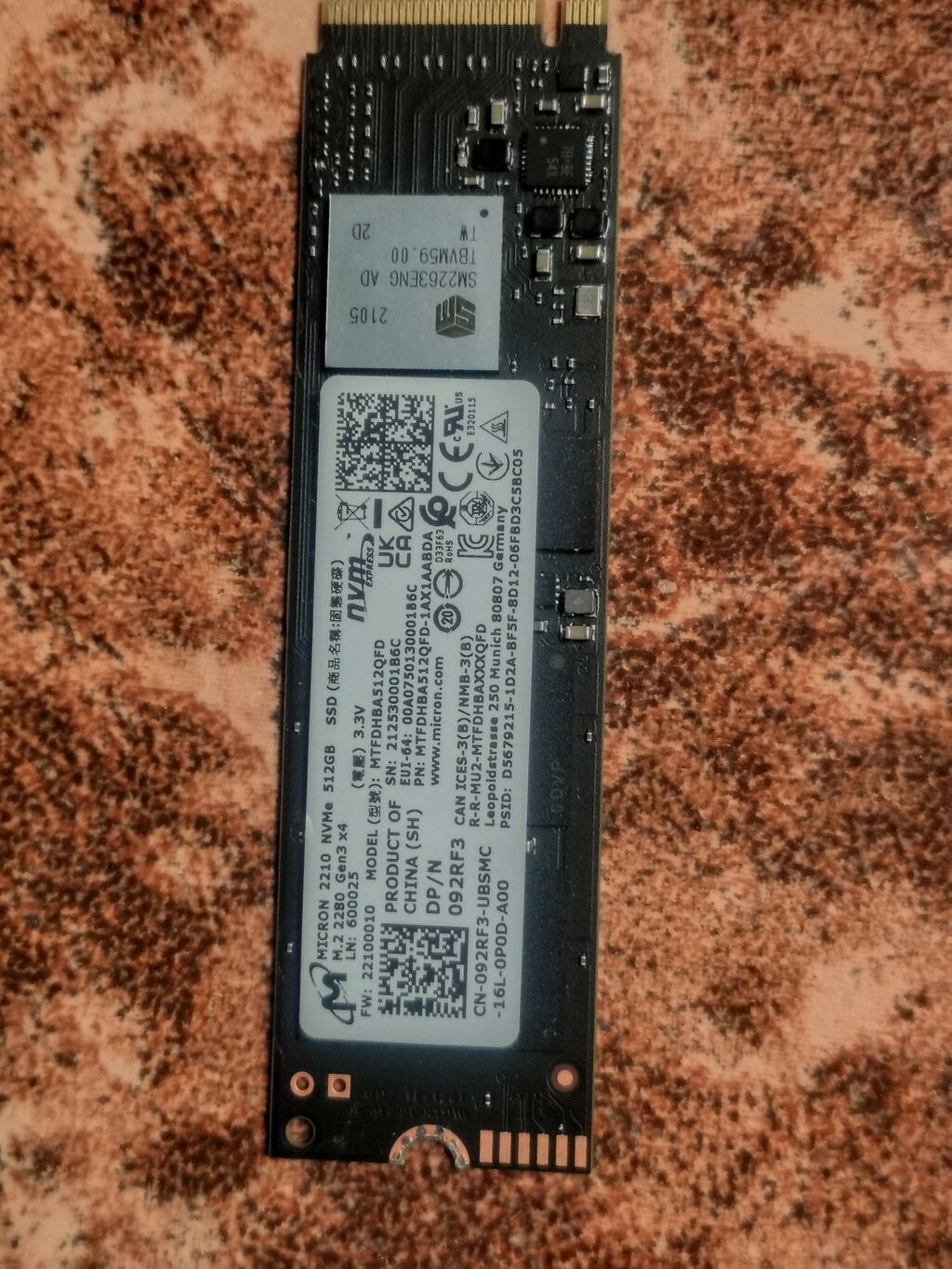 Micron 2210 NVMe M.2 2280 SSD – 512 GB - Model: Micron 2210 NVMe (M.2