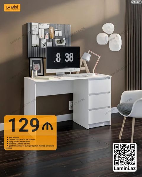 LA MINI Yazı Masası — 3 Siyirməli, Laminat 18 mm, 110×75×55 sm