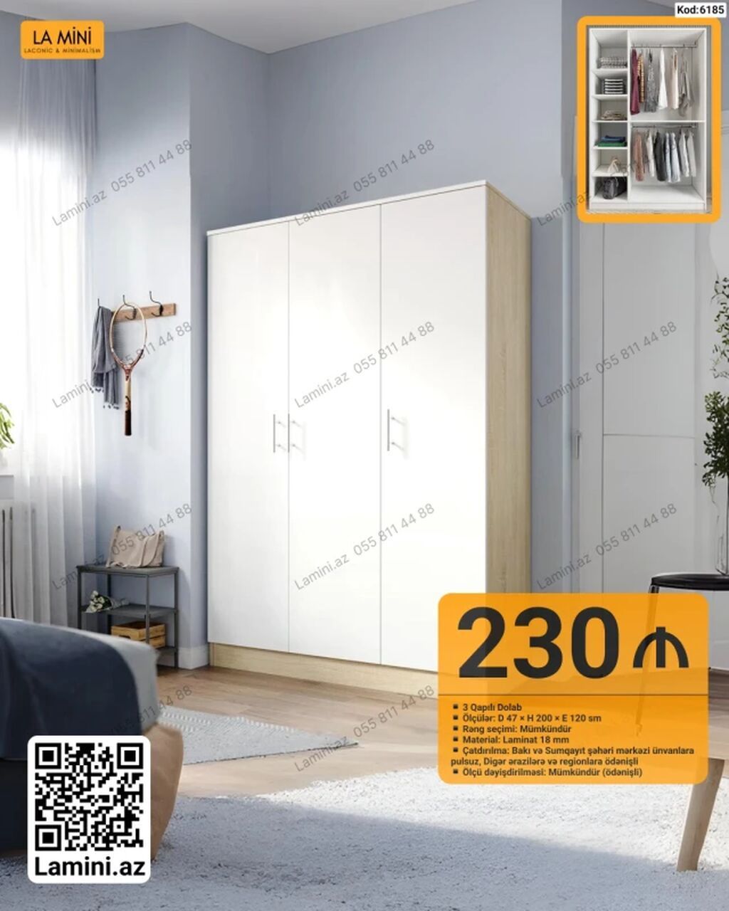 3 qapılı şkaf – Kod: 6185 - Ümumi dizayn: Ağ ön panellər, açıq ağac