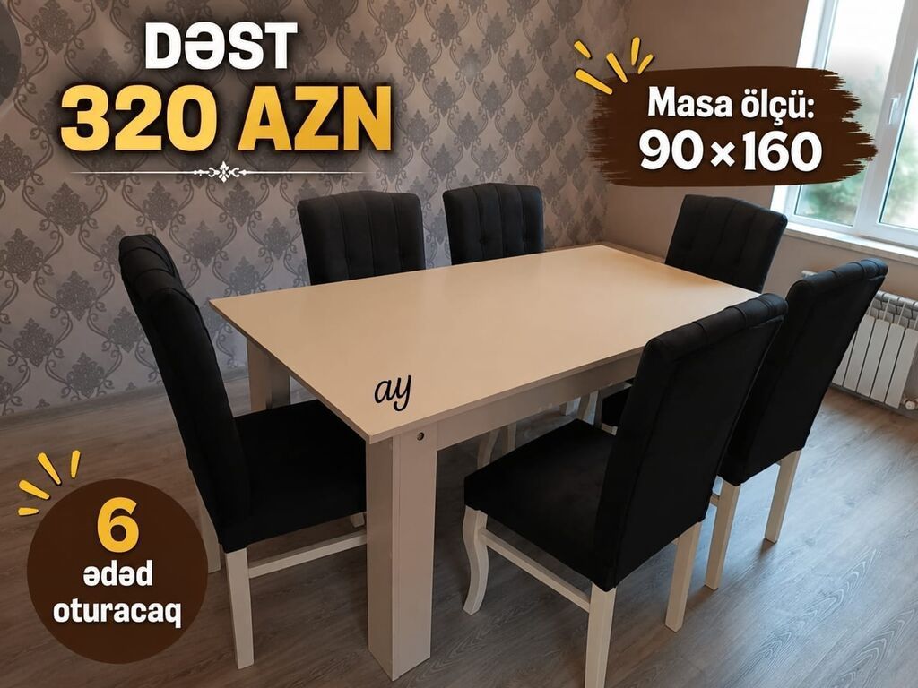 Yemək otağı dəsti - Dəst: Masa + 6 ədəd oturacaq - Masa ölçüsü — Mebel, Bakı (2)