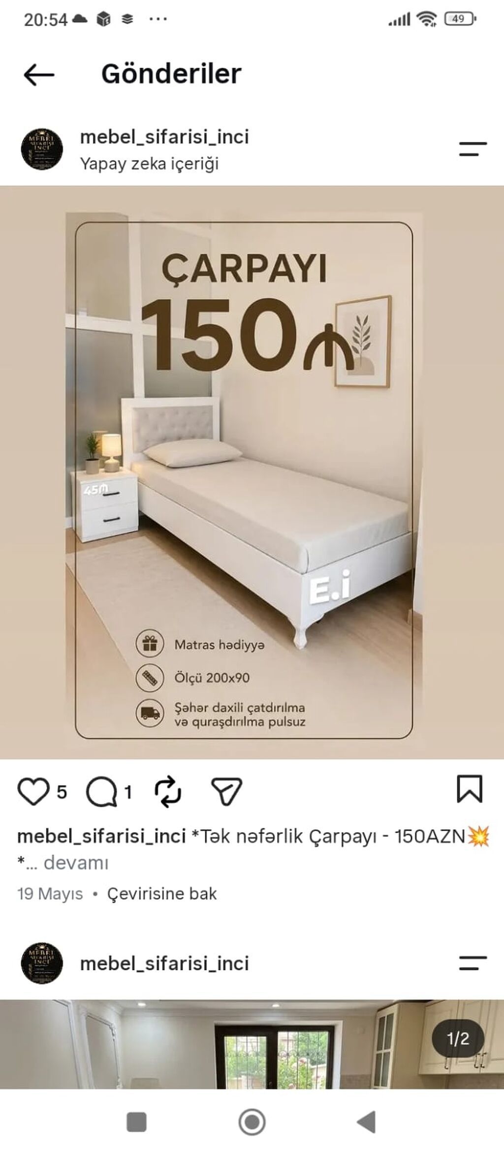 Tək nəfərlik çarpayı – 150 AZN - Ölçü: 200 x 90 sm - Dizayn: Ağ