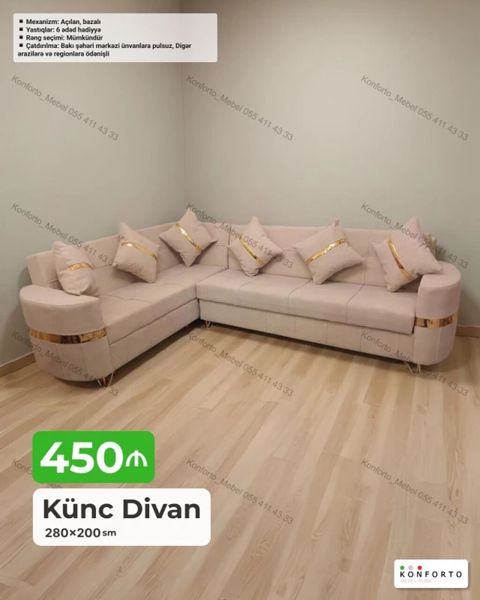 Künc Divan – 280×200 sm - Yumşaq, pastel tonlarda, qızılı dekor