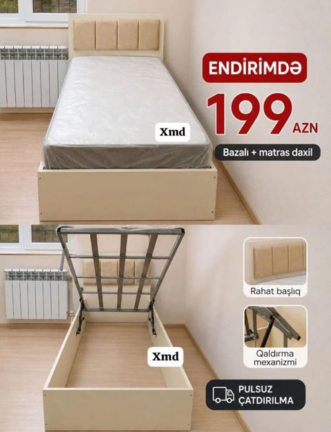 Tək nəfərlik bazalı çarpayı – matras daxil - Başlıq: yumşaq və rahat