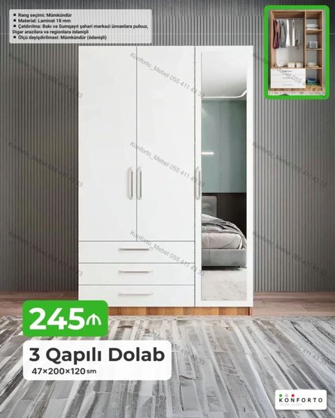 3 qapılı dolab — 47×200×120 sm Xüsusiyyətlər: - Material: 18 mm — Konforto Mebel — Şkaflar