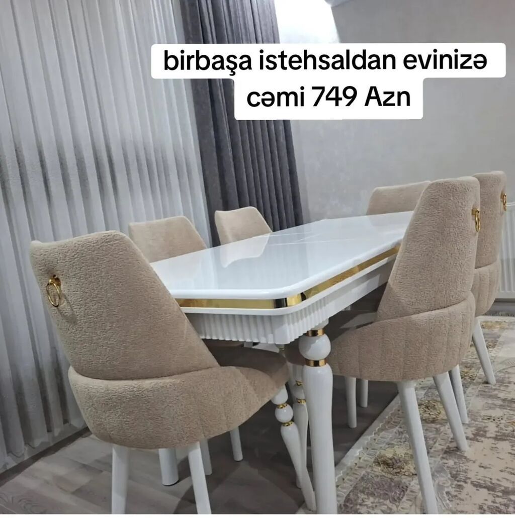 Ağ rəngli, zərif qızılı detallar ilə işlənmiş yemək masası və 6 ədəd
