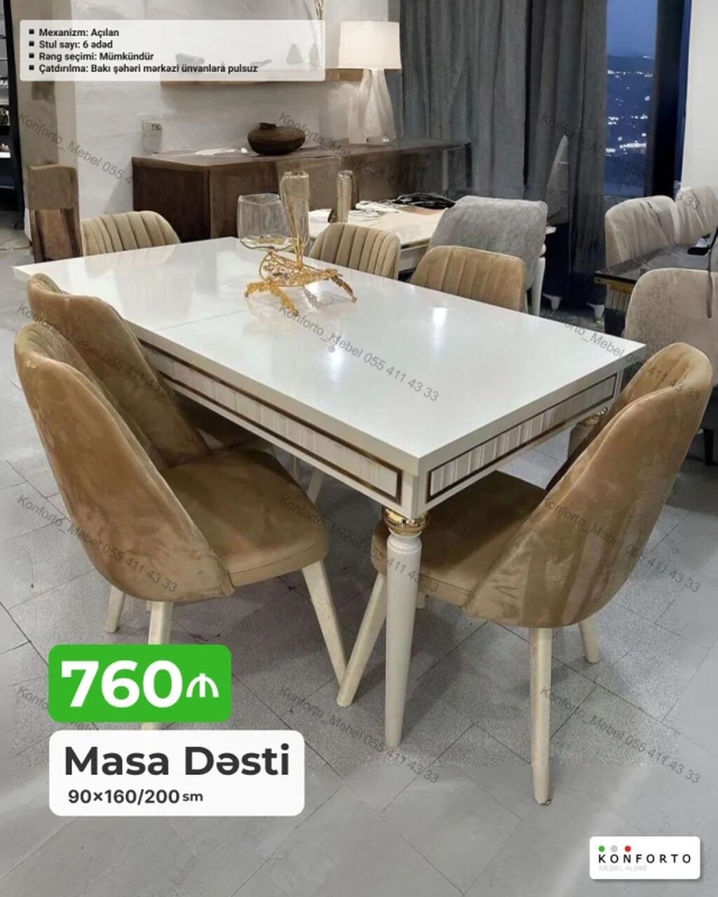 Masa Dəsti – 6 nəfərlik - Ölçü: 90×160/200 sm (açılan mexanizmli