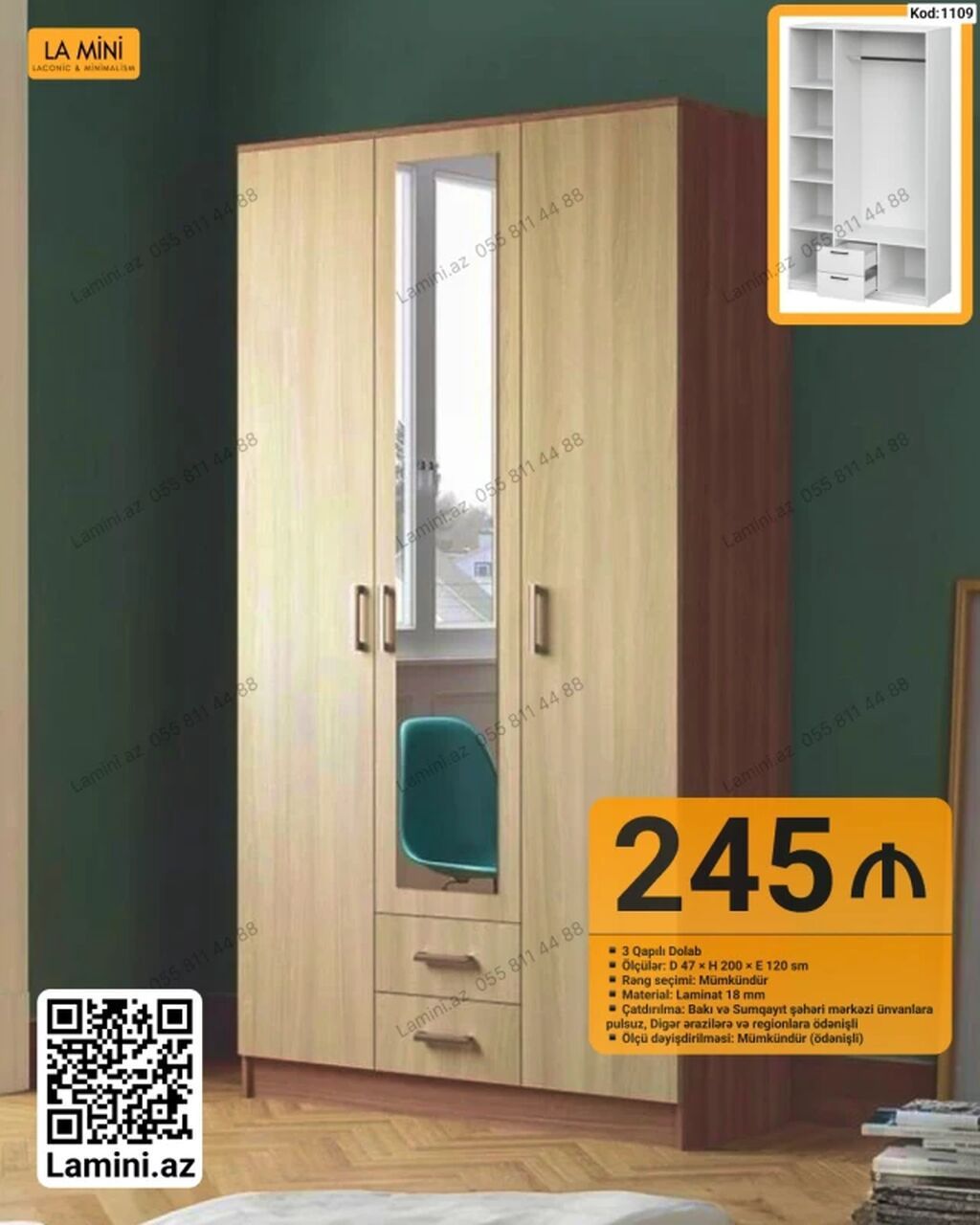 Məhsul: 3 qapılı geyim dolabı (Kod: 1109) - Ölçülər: D 47 × H 200 × E — Mebel, Bakı