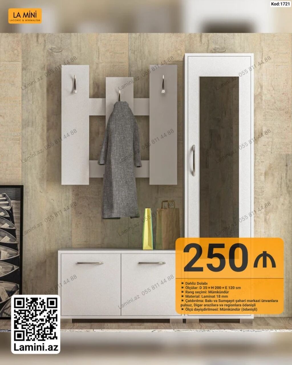 Dəhliz dolabı – Kod: 1721 - Ölçülər: D 35 × H 200 × E 120 sm - Rəng