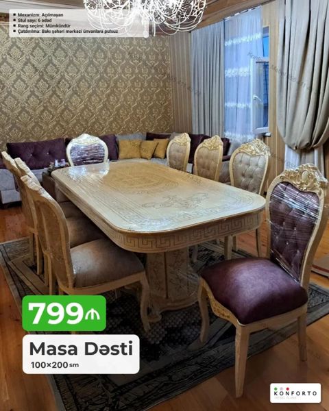 Masa dəsti – 100×200 sm - Klassik üslubda iri ölçülü yemək masası və