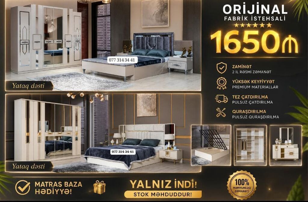 Orijinal fabrik istehsalı yataq dəsti, liftli baza, qarderob şkafı