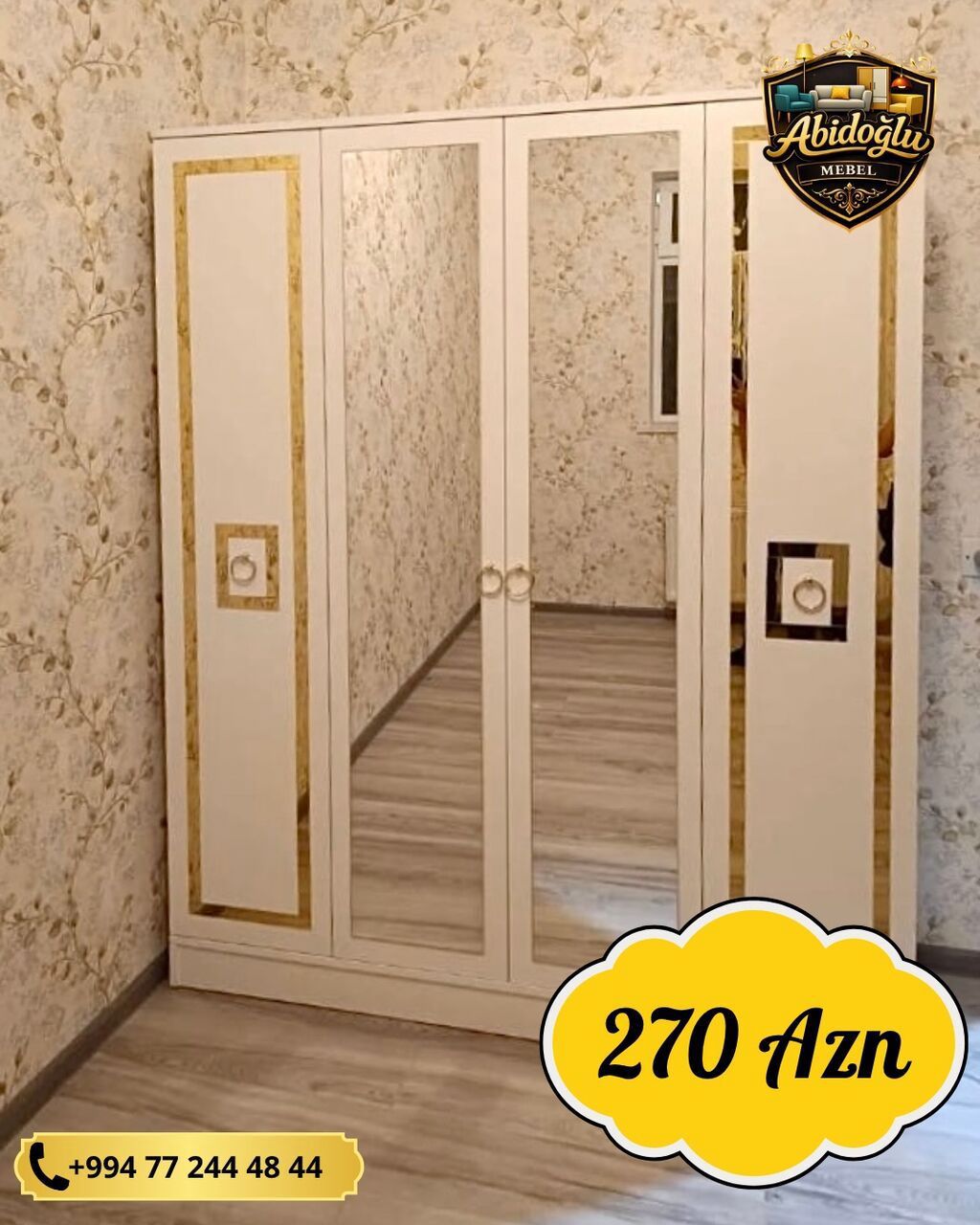 Yeni, 4 qapılı, Güzgülü, Ağ, Açılan, Düz dolab