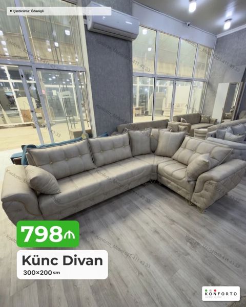 Künc Divan – 300×200 sm - Rahat L formalı dizayn: geniş oturma sahəsi — Konforto Mebel — Divanlar