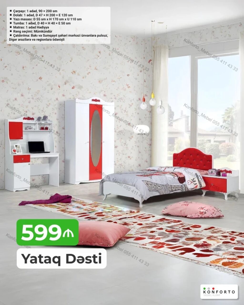 Yataq Dəsti – 599 ₼ Komplektin tərkibi və ölçülər: - Çarpayı: 1 ədəd — Mebel, Bakı