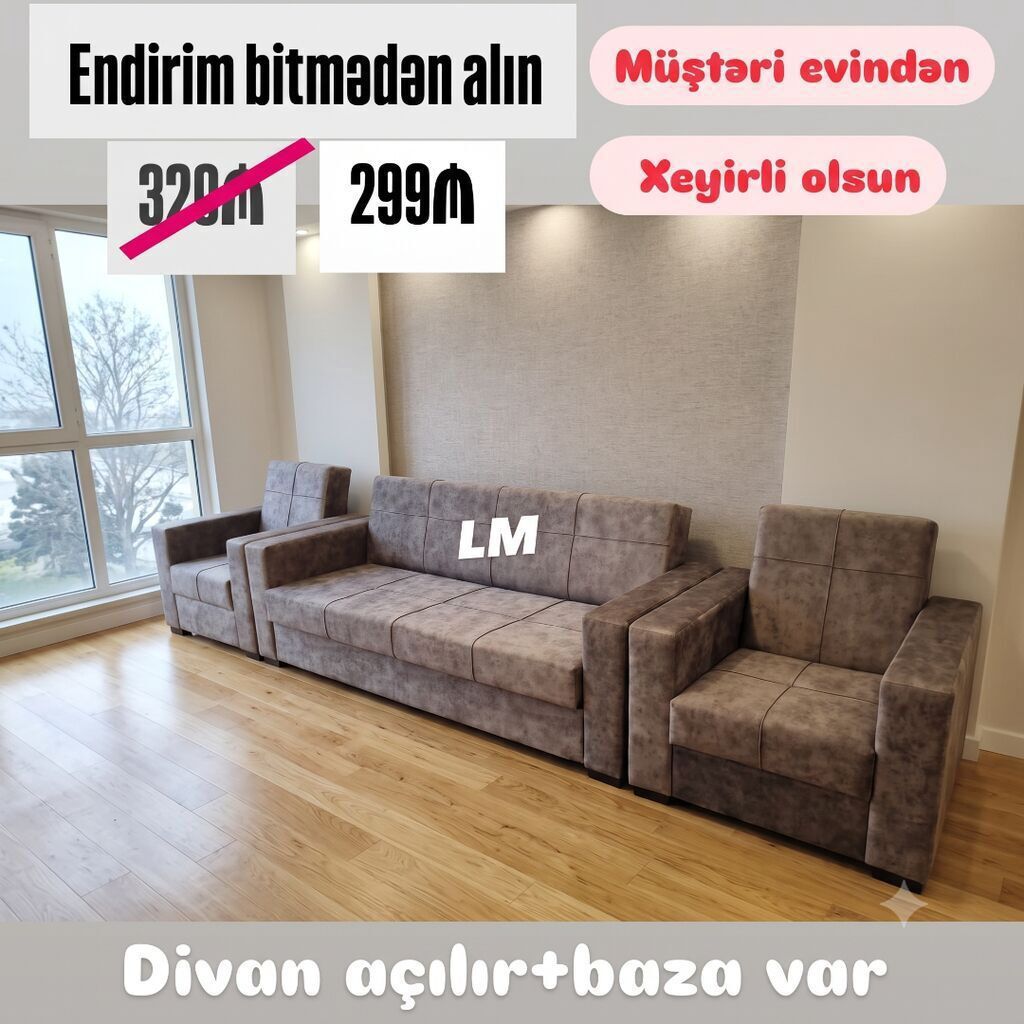 Yeni, Divan, 2 kreslo, Divan, Bazalı, Açılan — Mebel, Bakı (3)