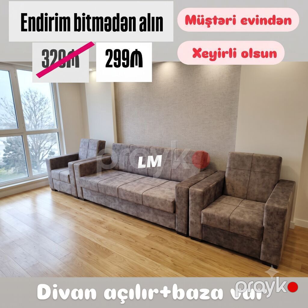 Yeni, Divan, 2 kreslo, Divan, Bazalı, Açılan — Mebel, Bakı (3)