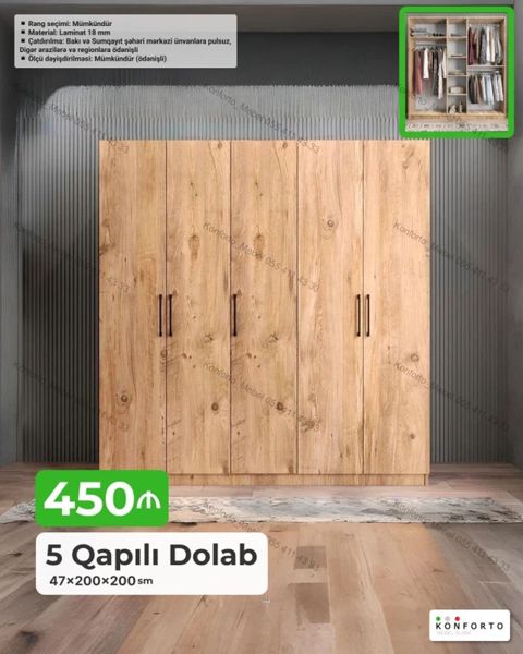 5 qapılı geyim dolabı - Ölçü: 47 × 200 × 200 sm - Material: 18 mm