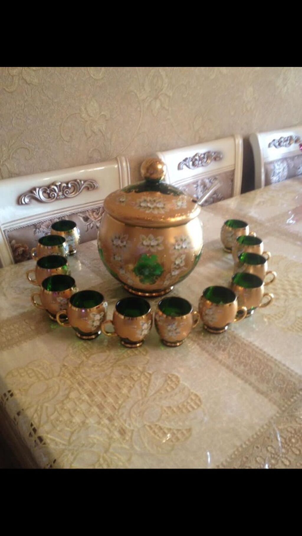 Qızılı-yaşıl dekorlu şüşə kompot/ponç qabı dəsti - Tərkib: 1 ədəd
