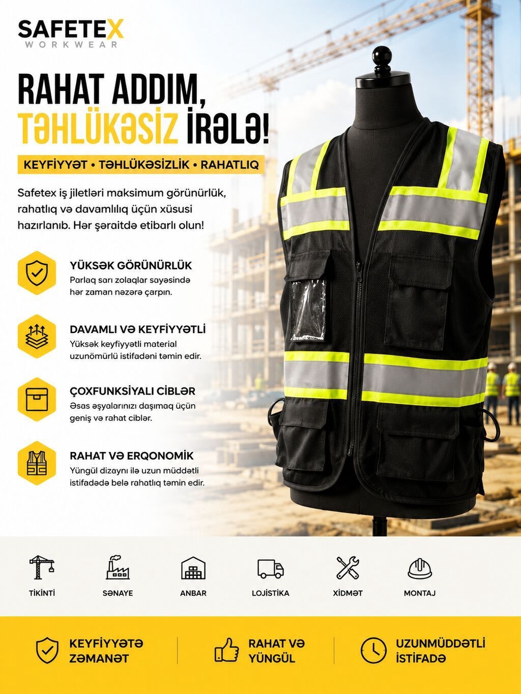 Safetex İş Jiletləri (Sarı, Standart Ölçü) — Qorunma vasitələri, Digah (7)
