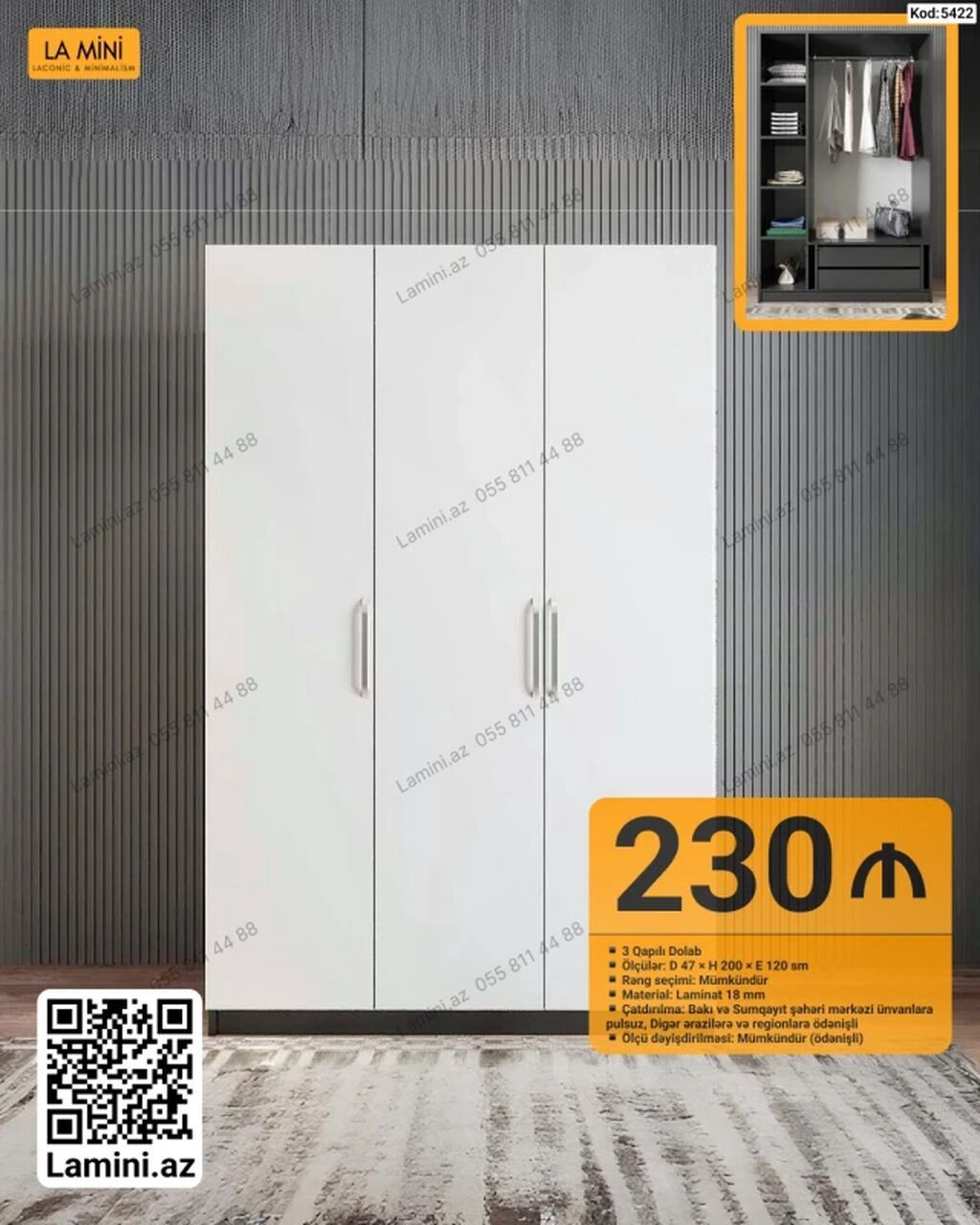 Kod: 5422 3 qapılı dolab – minimal və funksional dizayn - Ölçülər — Mebel, Bakı