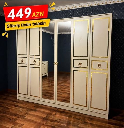 Klassik dizaynlı qarderob şkaf — krem-ağ, qızılı dekor, güzgülü