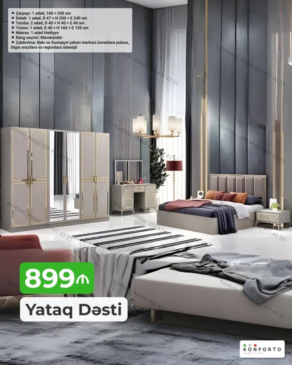 Yataq Dəsti – 899 ₼ Komplektin tərkibi və ölçülər: - Çarpayı: 1 ədəd