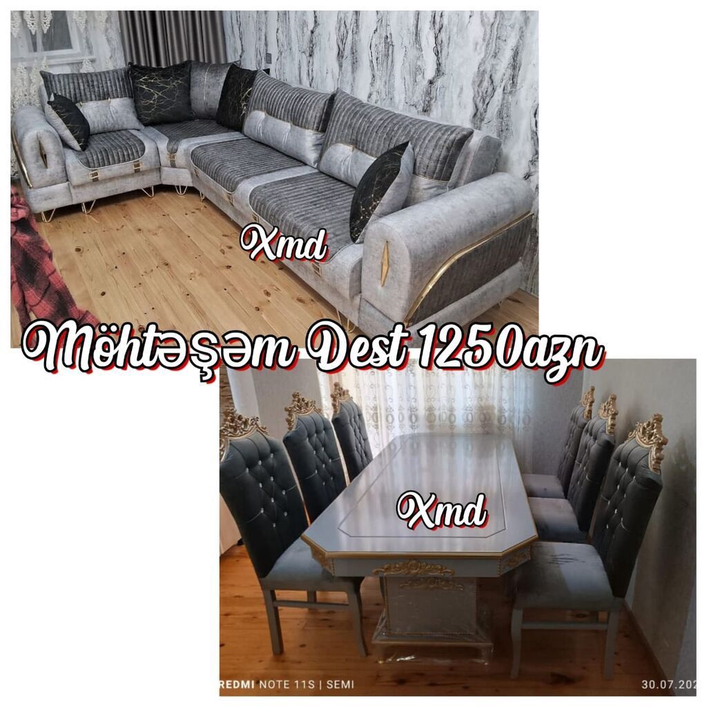 Möhtəşəm dəst – 1250 AZN - Künc divan: iri ölçülü L-forma, boz və