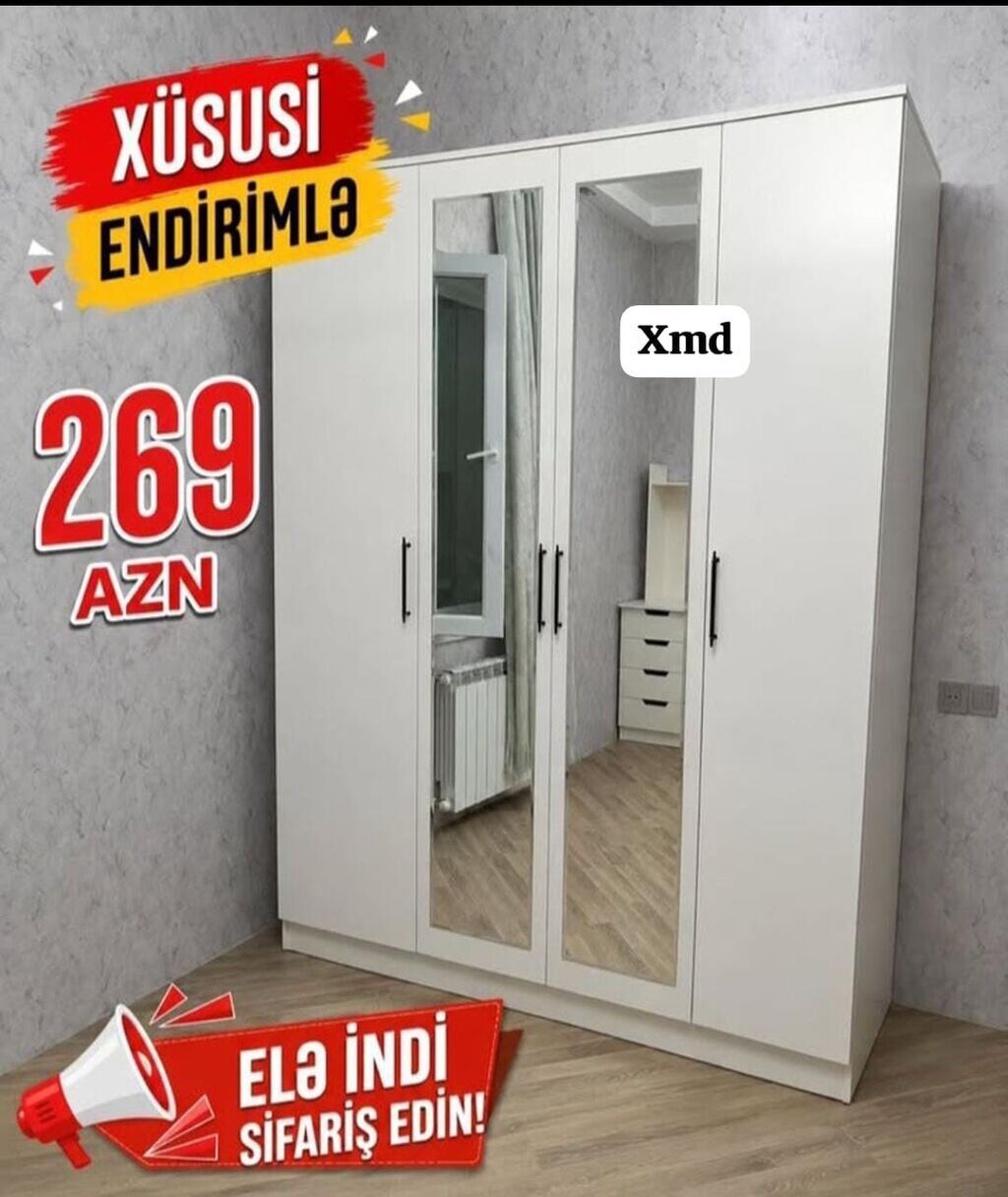 Ağ rəngli 4 qapılı paltar şkafı - İki orta qapıda tam ölçülü güzgü — Mebel, Xırdalan