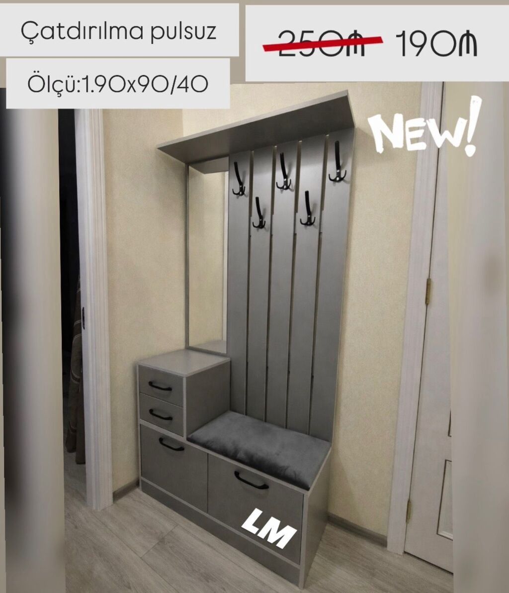 Dəhliz üçün çoxfunksiyalı asılqan dəsti - Rəng: boz - Ölçü: 1.90 x 90
