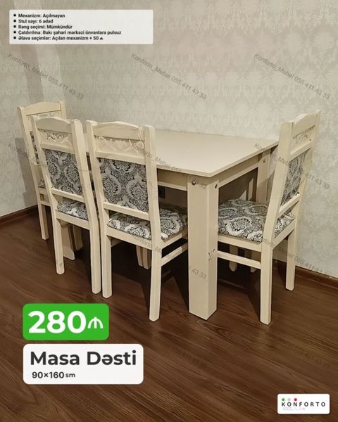 Masa dəsti – 90×160 sm - Dəst tərkibi: 1 masa + 6 stul - Mexanizm
