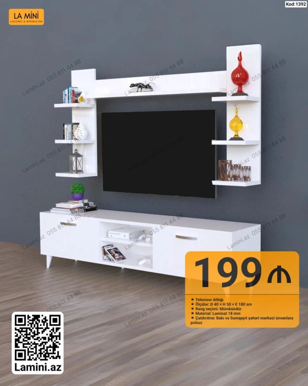 TV altlığı və divar rəfli dəst – La Mini (Kod: 1392) - Ölçülər: D 40 — Mebel, Bakı