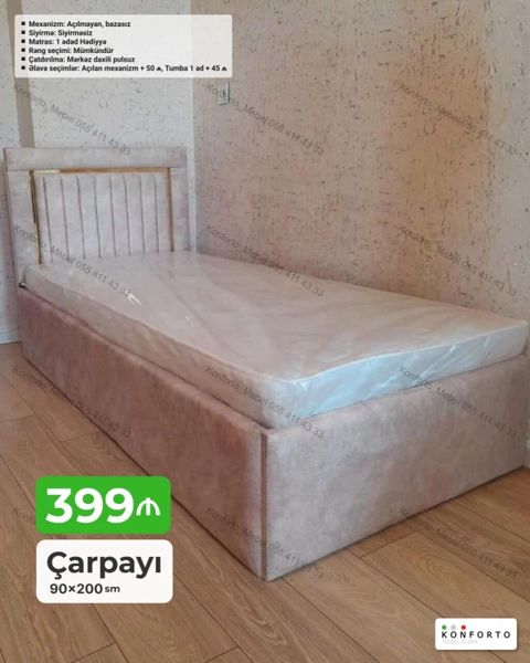 Məhsul: Tək nəfərlik çarpayı Ölçü: 90×200 sm Qiymət: 399 ₼