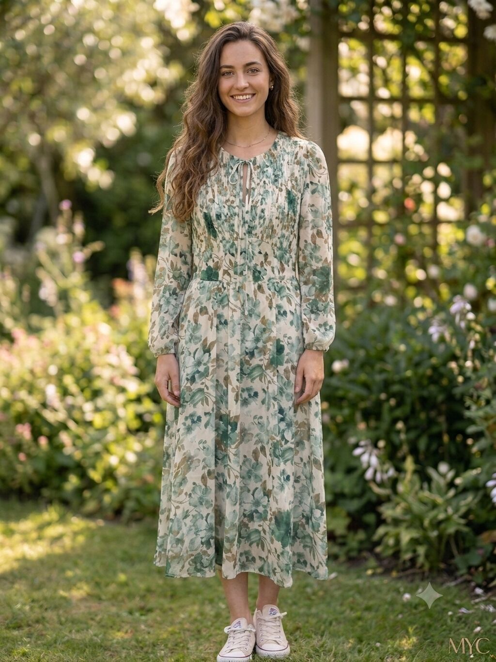 Floral naxışlı midi don - Rəng və naxış: Açıq bej fon üzərində yaşıl