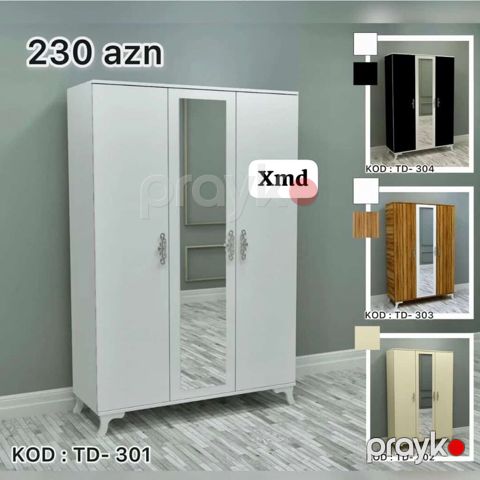 Yeni, 3 qapılı, Güzgülü, Ağ, Açılan, Düz dolab