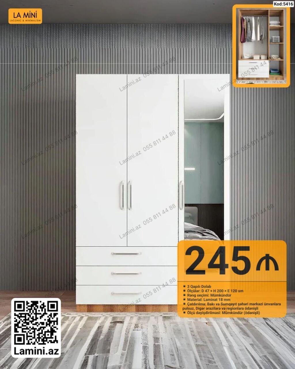 LA MINI 3 qapılı dolab - Kod: 5416 - Ölçülər: Dərinlik 47 sm × — Mebel, Bakı