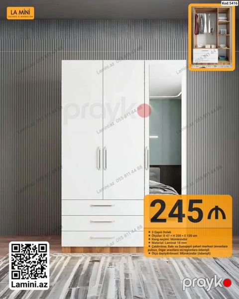 LA Mını 3 qapılı dolab - Model kodu: 5416 - Ölçülər: D 47 H 200 E — Bakı