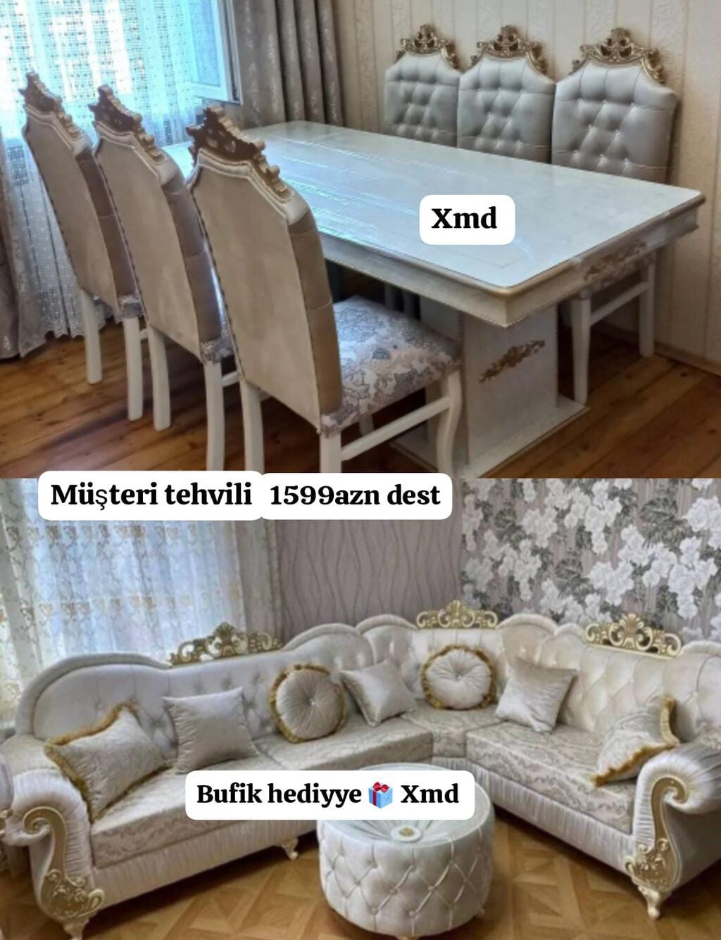 Klassik üslubda tam mebel dəsti - Yemək masası və 6 ədəd yüksək bel
