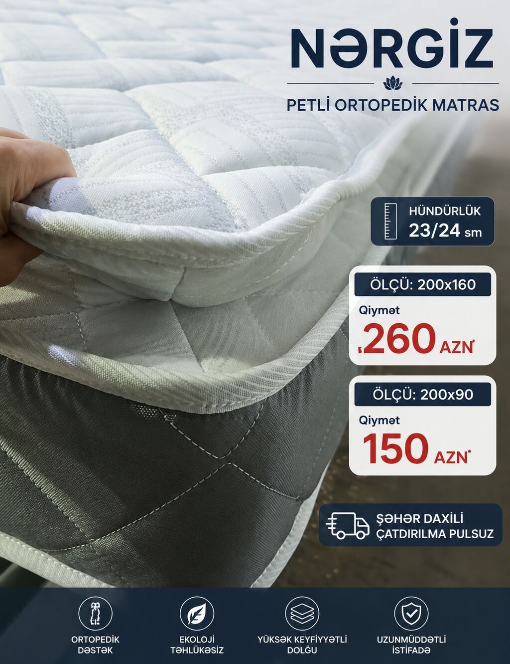 Nərgiz petli ortopedik matras - Hündürlük: 23/24 sm - Ölçülər: - — Matraslar, Digah