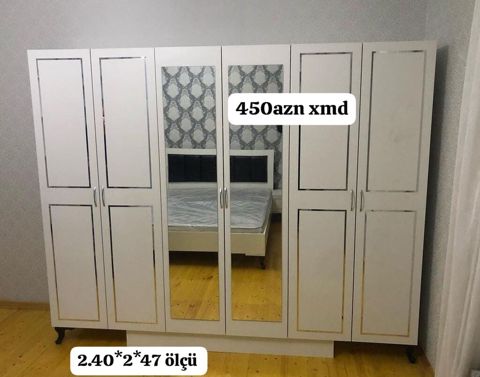 Ağ rəngli 6 qapılı qarderob - Ortada 2 böyük güzgülü qapı - Yanlarda 4