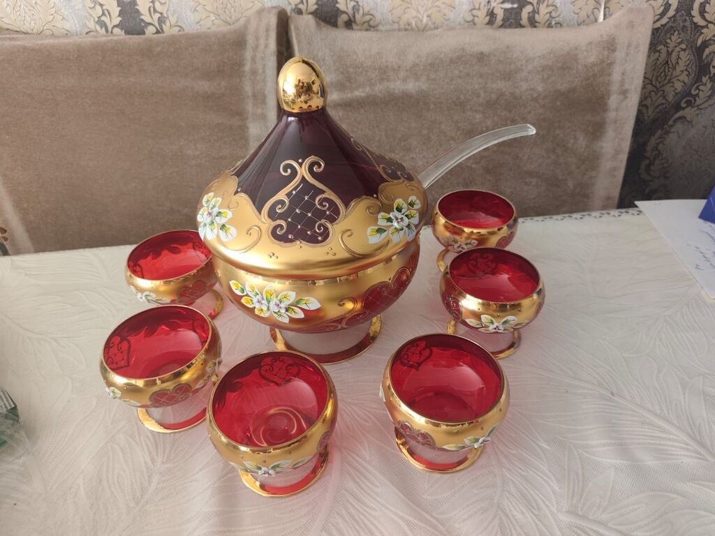 Qırmızı-qatlı şüşədən hazırlanmış büllur punch/kompot dəsti - — Mallar, Gəncə (2)