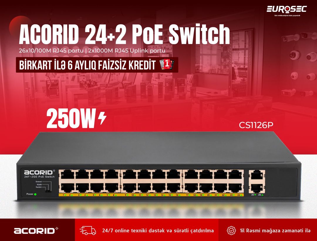 24-Portlu PoE Switch Acorid CS1126P — Şəbəkə və server avadanlığı, Bakı